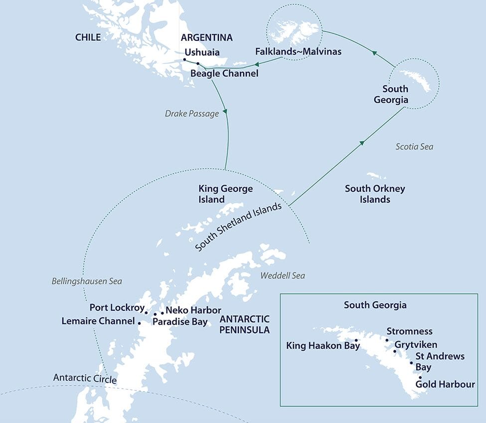 Map illustrating an Antarctic expedition route, starting from Ushuaia, Argentina, and passing through the Beagle Channel, Falkland Islands (Malvinas), South Georgia, and the South Shetland Islands, before reaching the Antarctic Peninsula. The map highlights key locations such as King George Island, Port Lockroy, and Paradise Bay, as well as specific sites in South Georgia like Stromness, Grytviken, and Gold Harbour. The route crosses the Drake Passage and Scotia Sea, with various landings and exploration points marked along the journey.